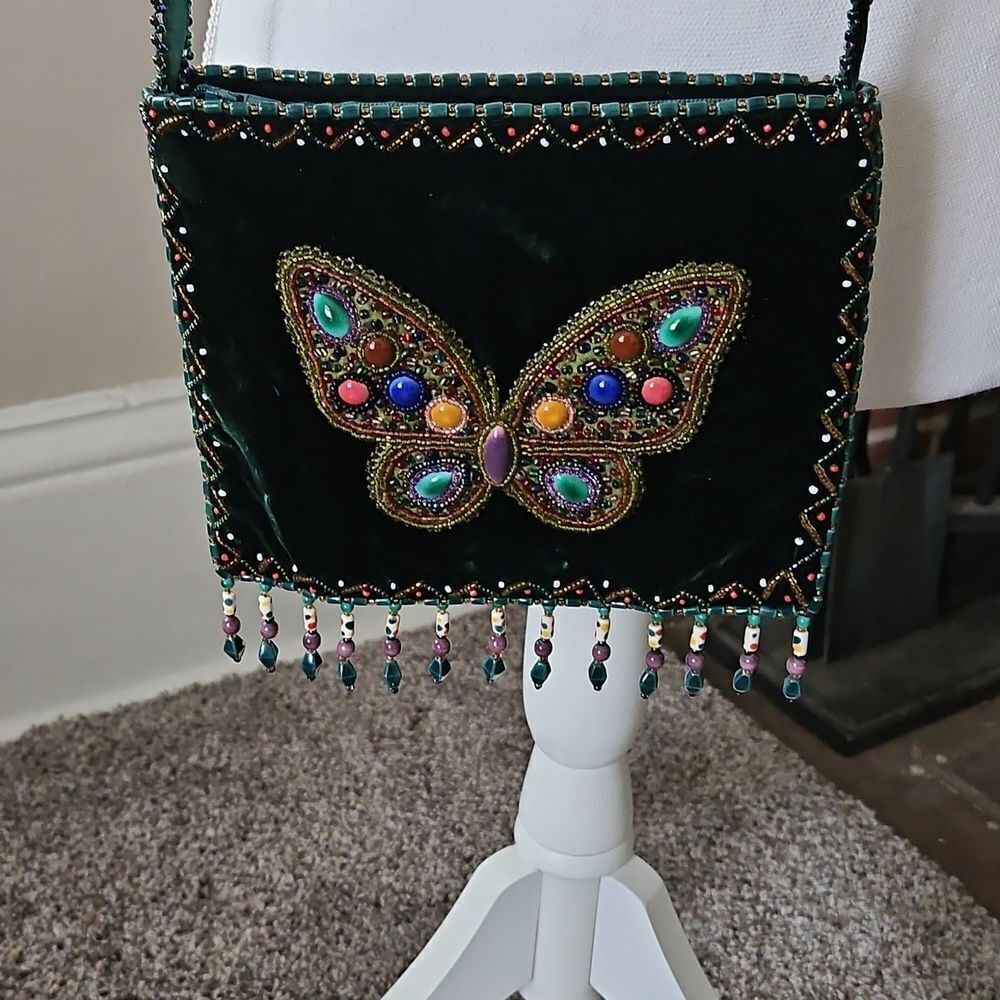 Vintage Velvet Handmade Feather Beaded Crossbody Midi Bag